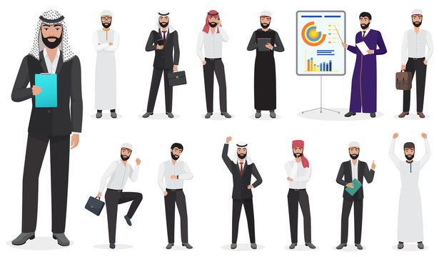 Arab Businessman man Character poses. Muslim male positions in suit and traditional clothes cartoon vector illustration.