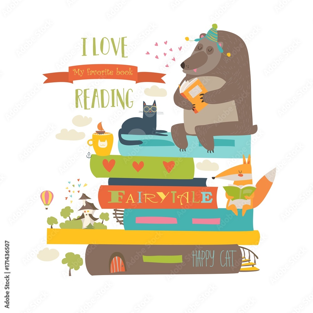 Wall mural Cute cartoon animals reading books