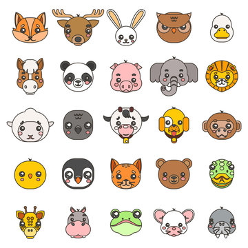 Line art animals cute baby cartoon cubs flat design head icons set character vector illustration
