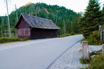 A wooden ski hut on mountains with green meadow