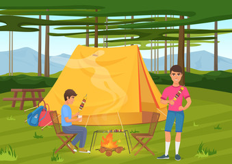 Fototapeta premium Vector illustration of two friends cooking bbq barbeque and sitting near camping tent.