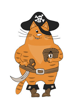 Funny fat red pirate cat. Vector cartoon illustration.