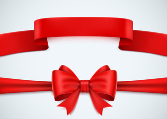 Realistic red ribbon set on white background.