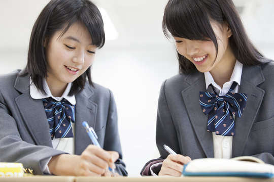 Two high school girls studyinglooking at a textbook