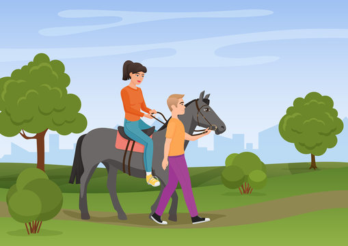 Man leading the horse with the woman riding on it vector illustration.