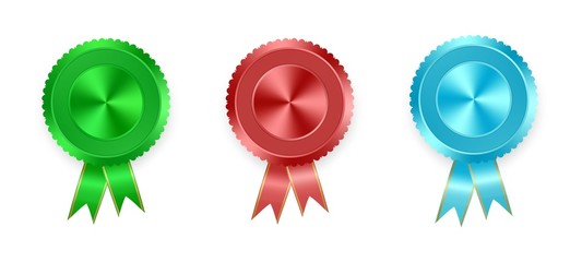 Set of vector labels green, red and blue with colored ribbons with gold ribbon on white background. Collection of world medals for winning products. Red medal, green medal, blue medal 