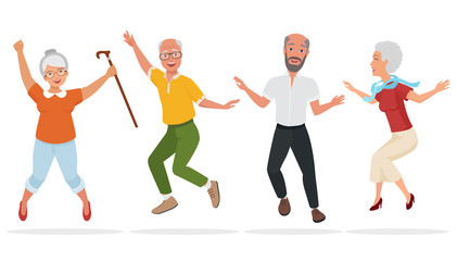 Group of elderly people together. Active and happy old senior jumping. Cartoon vector illustration.