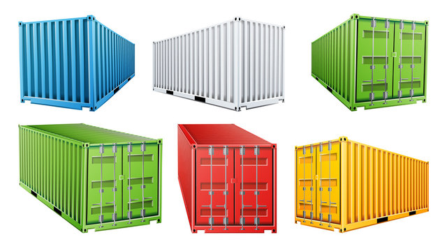 3D Shipping Cargo Container Set Vector. Blue, Red, Green, White, Yellow. Freight Shipping Container Concept. Logistics, Transportation. Isolated On White Background Illustration