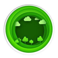 Paper art of eco park on green circle shape. Origami concept and ecology idea.