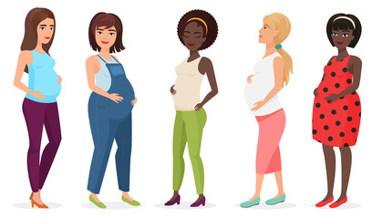 Pregnant fashion set. Happy woman mom expecting baby in dresses. Pregnancy cartoon vector illustration. © lembergvector
