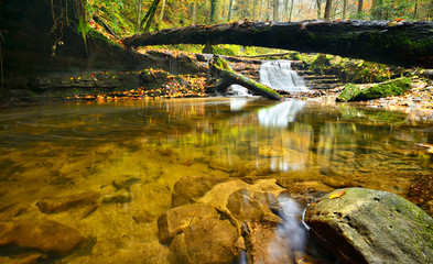 Small Pool in Stream through Autumn Forest, Waterfall behind