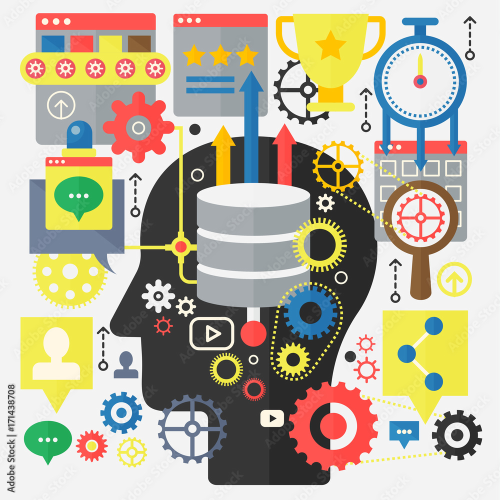 Aufkleber SEO Optimization, Web Development and Cloud Computing technology concept on the head silhouette background.