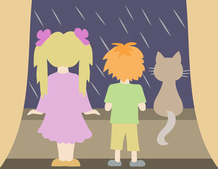 Children and cat at the window. Rainy evening.