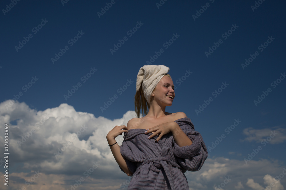 Sticker Girl smiling on cloudy blue sky