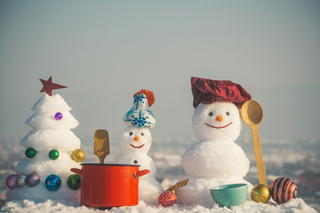 Christmas snowman chef and new year tree