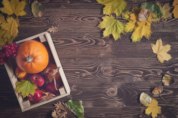 Fototapeta na wymiar Autumn fruits and vegetables over wooden background, top view, flat lay, toned image