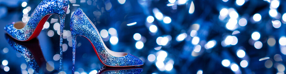 Luxury high heels pumps with extraordinary diamonds. Fashion banner with shoes with deep blue blurred background.