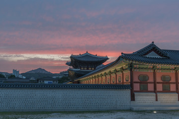 Sunset over the Gyeongbokgung palace in Seoul,korea