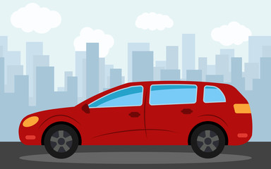 Red car in the background of skyscrapers in the afternoon.  Vector illustration.
