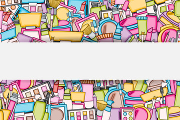 Makeup cartoon doodle backdrop design. Cute background concept for beauty greeting card,  decoration, advertisement, banner, flyer, brochure. Hand drawn vector illustration. 