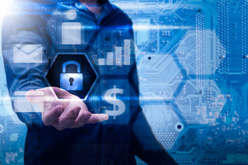 The abstract image of asian guy open the palm of the hand for hold the lock icon and computer mainboard is backdrop. the concept of communication network cyber security and internet.