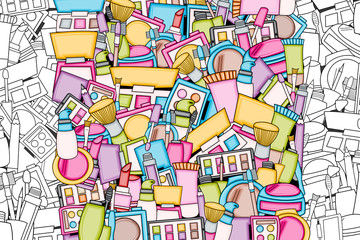 Obraz premium Makeup cartoon doodle backdrop design. Cute background concept for beauty greeting card, decoration, advertisement, banner, flyer, brochure. Hand drawn vector illustration. 