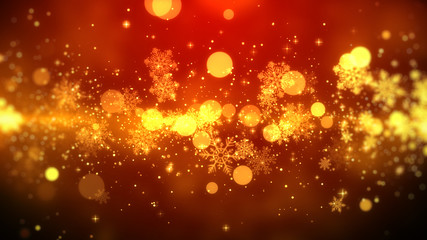 Golden bokeh and snowflakes lights on red background with Christmas theme.