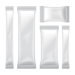 Set of white blank foil bag packaging for food, snack, sugar, candy, seasoning, medical shachet. Vector plastic pack mock up template