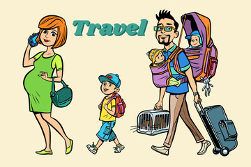 Caucasian family travelers, mom dad and kids