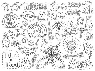 Patch badges halloween set holiday doodles black white
