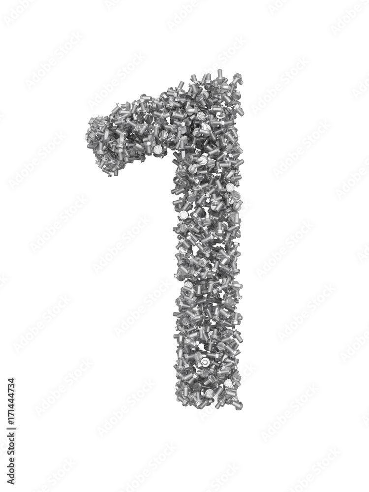 Fototapete 3D render of silver or grey alphabet make from bolts. small number 1 with clipping path. Isolated on white background