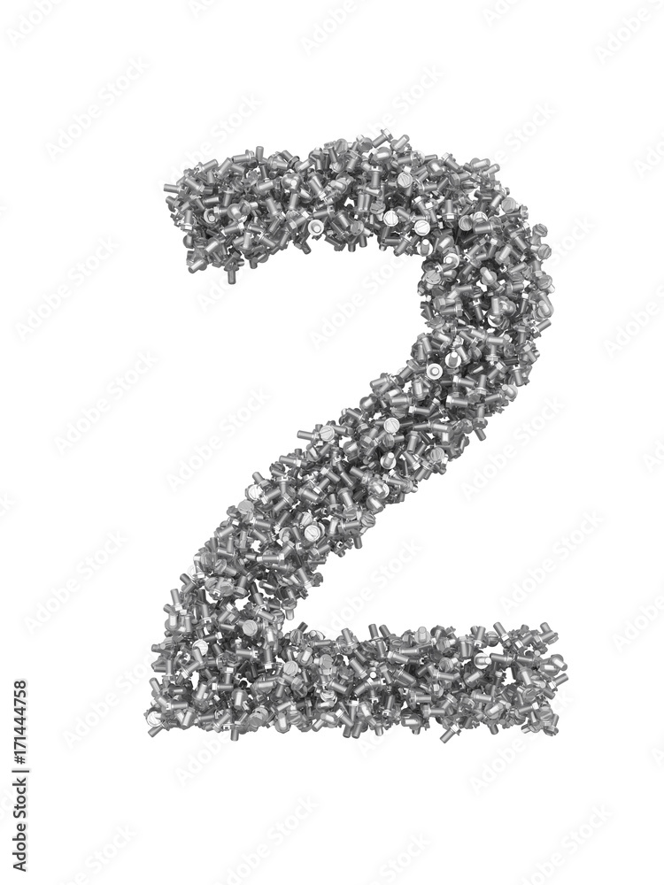 Fototapete 3d render of silver or grey alphabet make from bolts. small number 2 with clipping path. isolated on