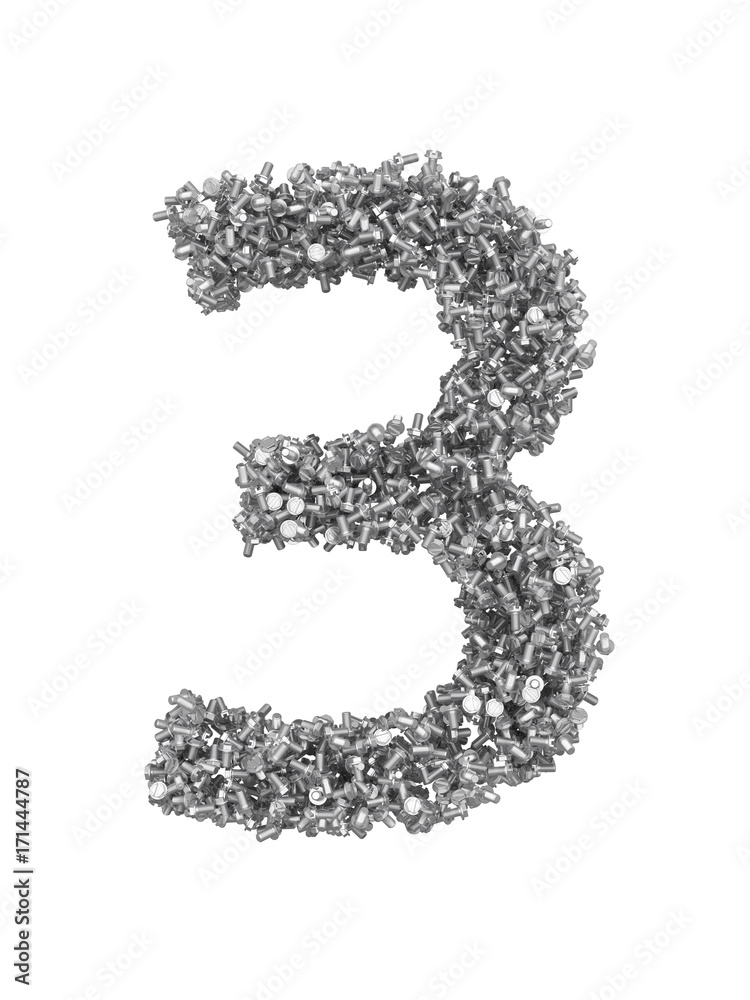 Fototapete 3D render of silver or grey alphabet make from bolts. small number 3 with clipping path. Isolated on white background