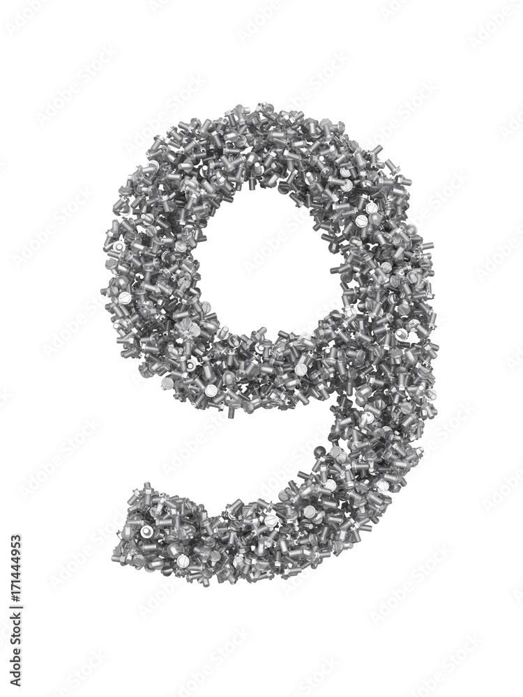 Fototapete 3d render of silver or grey alphabet make from bolts. small number 9 with clipping path. isolated on