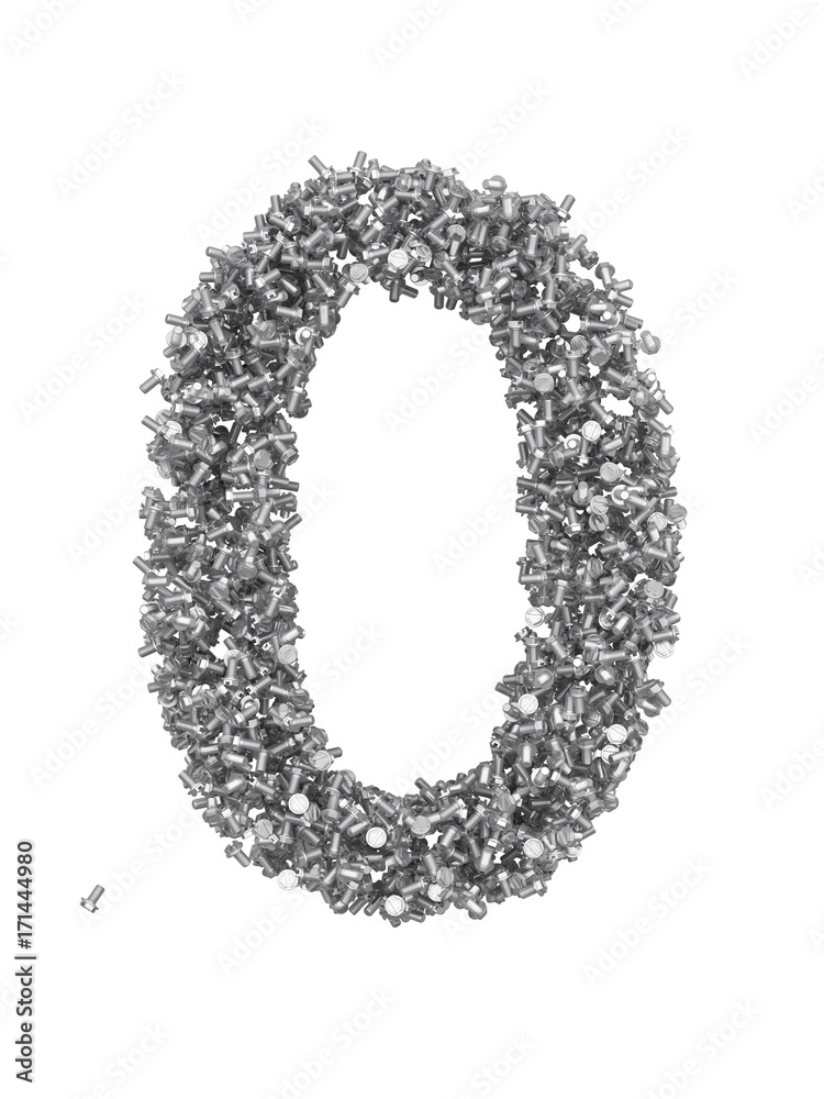 Fototapete 3d render of silver or grey alphabet make from bolts. small number 0 with clipping path. isolated on