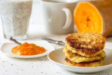 Pancakes with pumpkin jam - breakfast in light colors