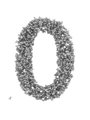 3D render of silver or grey alphabet make from bolts. small number 0 with clipping path. Isolated on white background