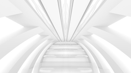 Futuristic empty white corridor with square columns and pipes on the ceiling. 3D Rendering.