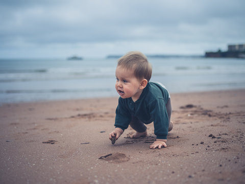 Little baby crawling on the beach