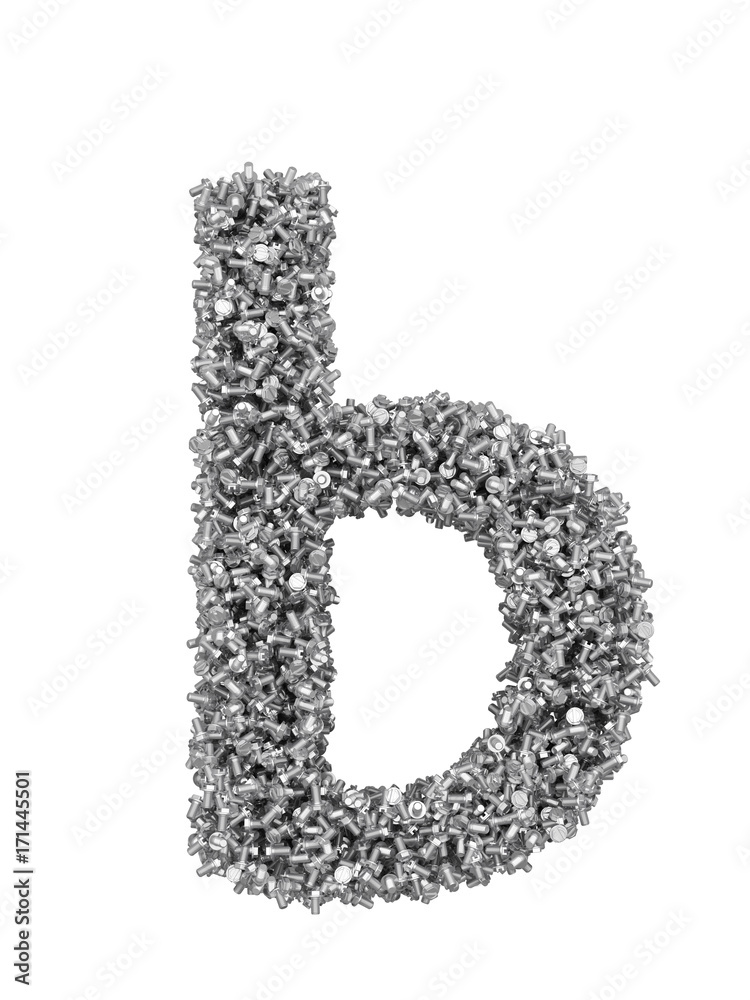 Fototapete 3d render of silver or grey alphabet make from bolts. small letter b with clipping path. isolated on