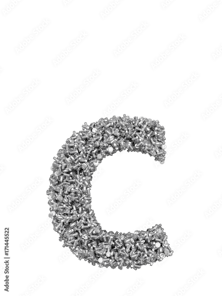 Fototapete 3d render of silver or grey alphabet make from bolts. small letter c with clipping path. isolated on