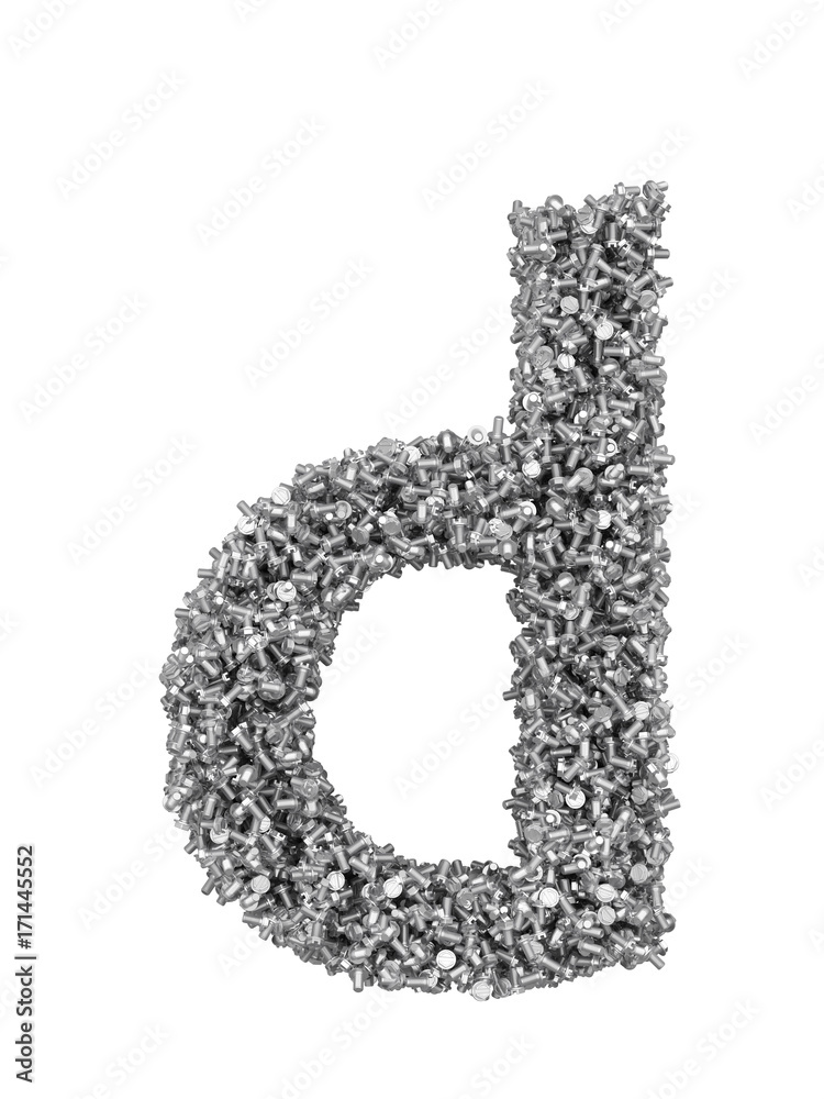 Fototapete 3d render of silver or grey alphabet make from bolts. small letter d with clipping path. isolated on