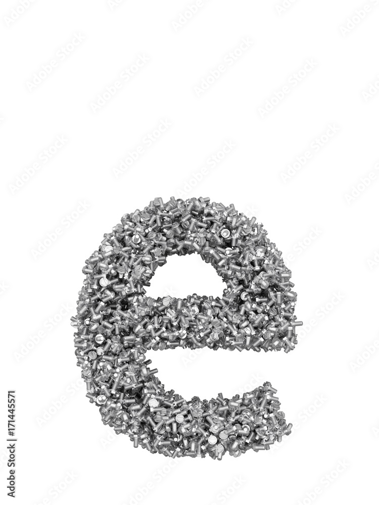 Fototapete 3d render of silver or grey alphabet make from bolts. small letter e with clipping path. isolated on