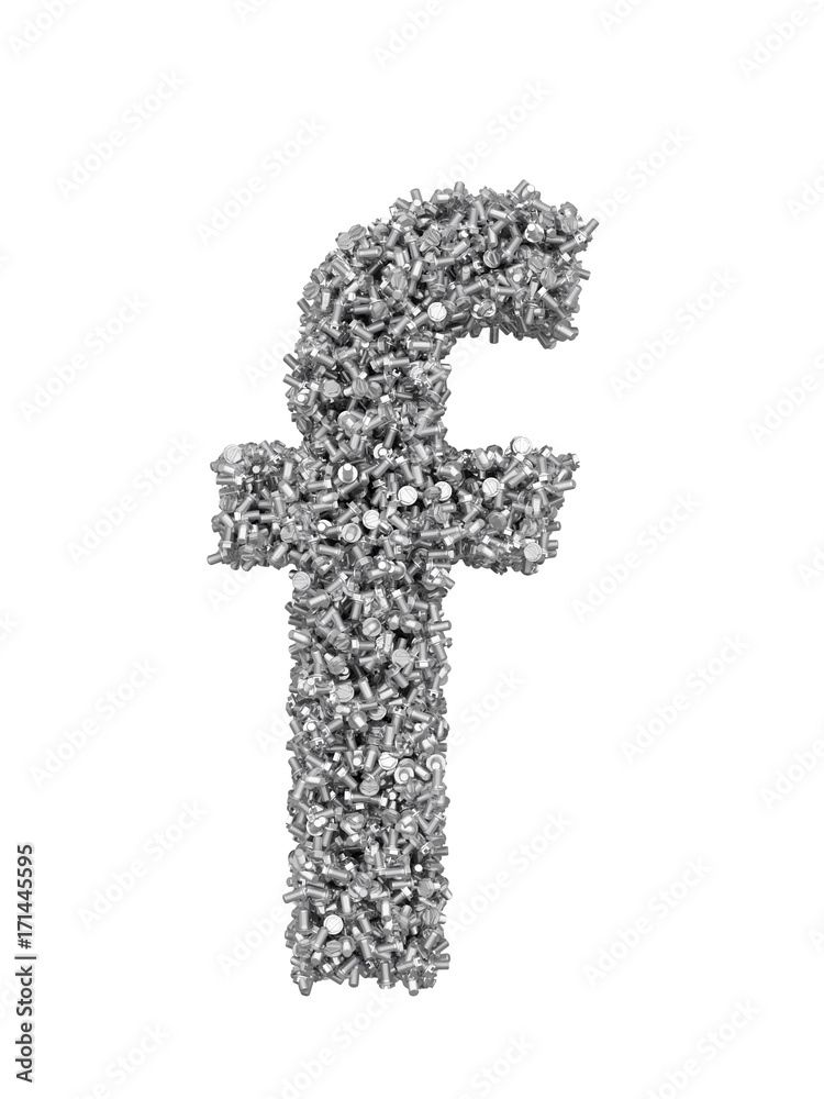 Fototapete 3d render of silver or grey alphabet make from bolts. small letter f with clipping path. isolated on