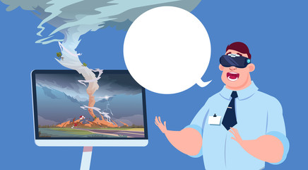 Scared Man In Virtual 3d Glasses Watching Broadcast Of Tornado Hurricane Damage News About Storm Waterspout In Countryside Natural Disaster Concept Flat Vector Illustration
