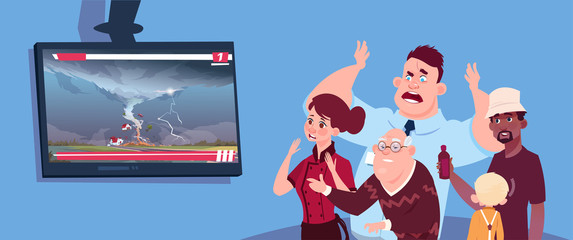 Scared People Watching News About Twisting Tornado Hurricane In USA Storm Waterspout In Countryside Natural Disaster Concept Flat Vector Illustration