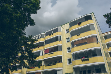 typical plattenbau building in berlin on a cloudy day