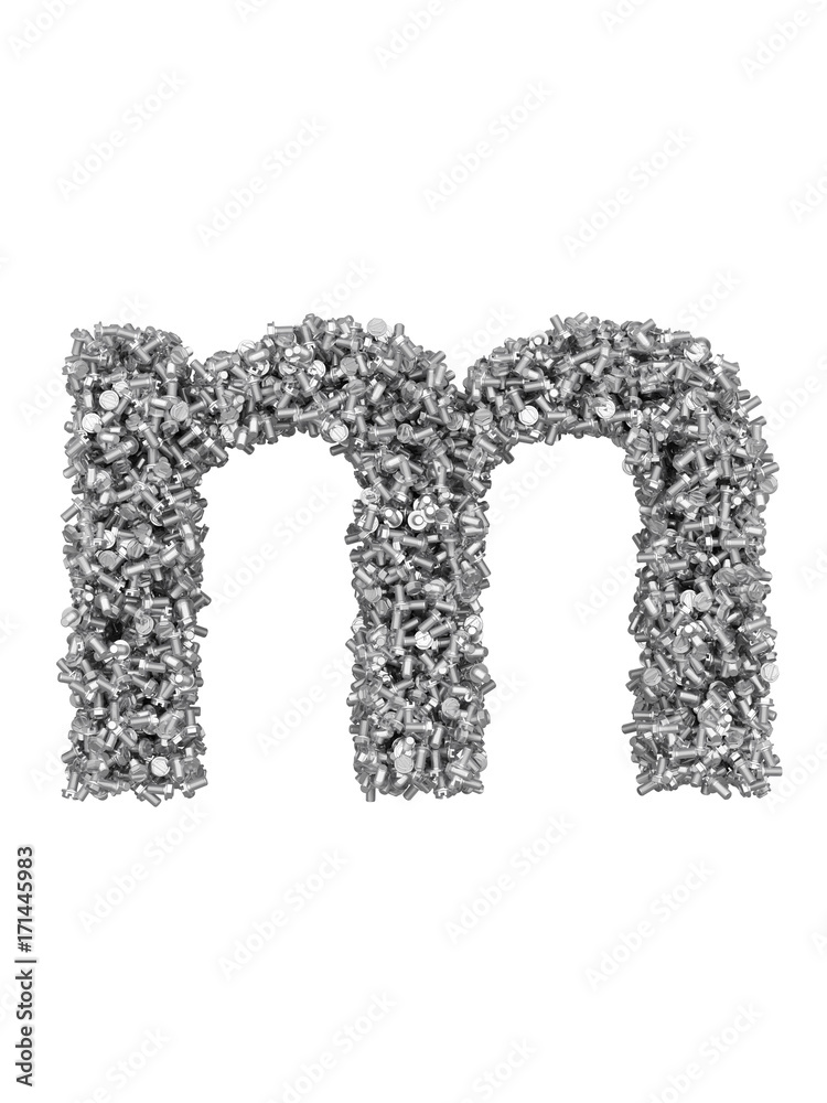 Fototapete 3d render of silver or grey alphabet make from bolts. small letter m with clipping path. isolated on
