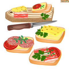 Delicious sliced bacon pieces. Delicious sliced bacon pieces. Sandwich with bacon. Sandwich with sausage. Sandwich with cheese and tomatoes. Bread with lard. Dill, parsley. Vector illustration.