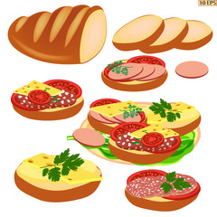 Sandwiches. Sandwich with butter, sausage, cheese, tomatoes, parsley. Tasty sandwich with sausage. Fresh sandwich for breakfast. Bread with sausage and cheese. Vector illustration.